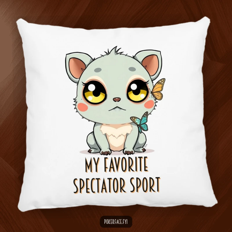 Funny Staring Creature Pillow: Creature with large unblinking eyes watching a butterfly, offering humorous comfort and calm observation.