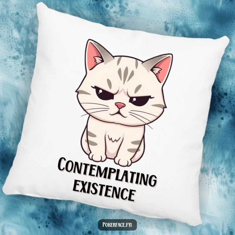 Funny Pillow featuring a stoic cat character with a perfectly unreadable expression, offering cozy, humorous contemplation.