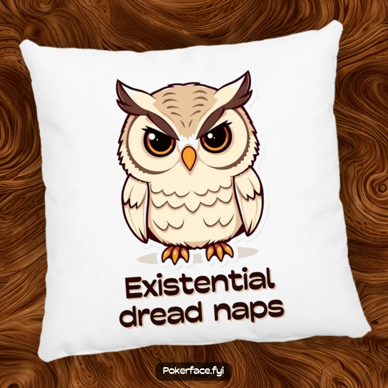 Funny Owl Pillow depicting a stoic owl with unblinking eyes, providing humorous comfort and a wise, silent presence, a great funny gift.