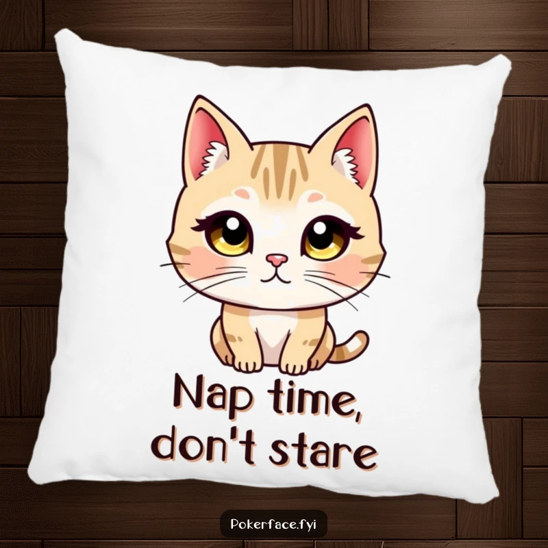 Funny pillow showcases a cat character with wide, unblinking eyes fixed in a direct, unwavering, and intense stare.