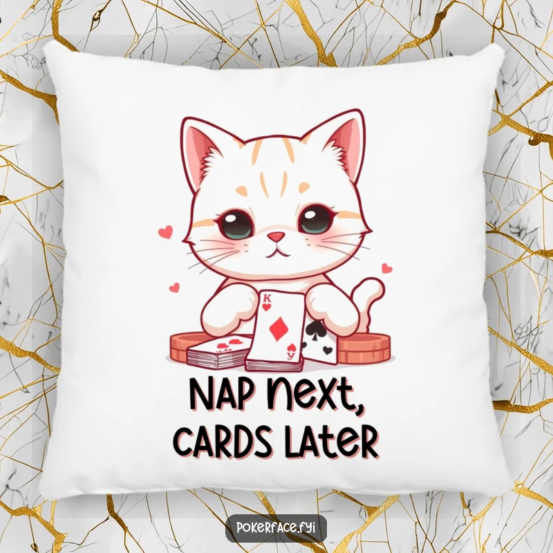 Funny, neutral-faced cat character playing cards, depicted on a soft and comfortable throw pillow.