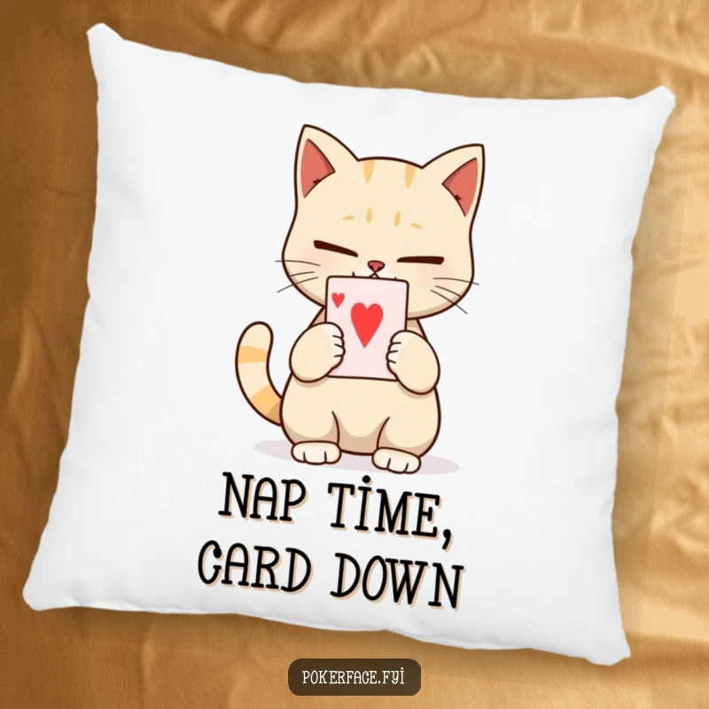 Funny pillow featuring a calm cat character holding a playing card with a neutral expression, adding feline mystery and comfort.