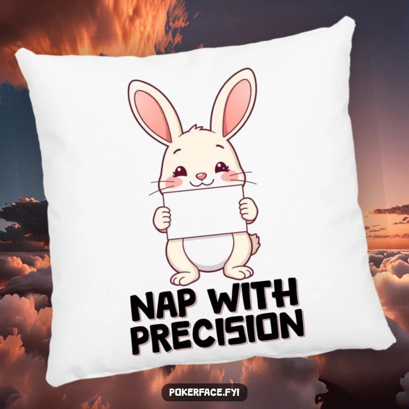 Funny Pillow: Serene rabbit holding a perfectly symmetrical card, a soft and funny gift.