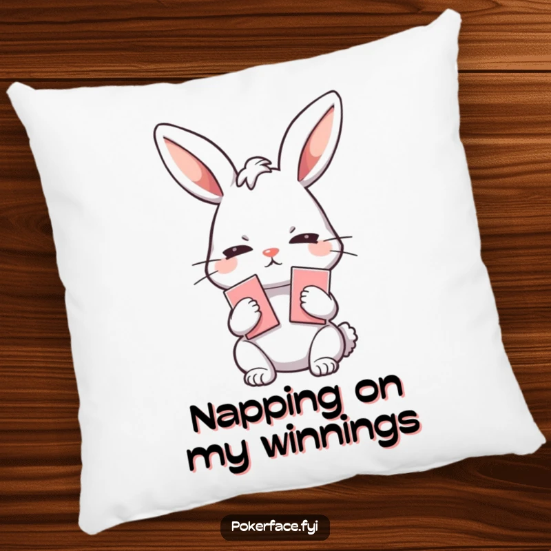 Funny Pillow: Emotionless rabbit character holding playing cards, offering soft comfort and a humorous dose of a blank, inscrutable poker face.
