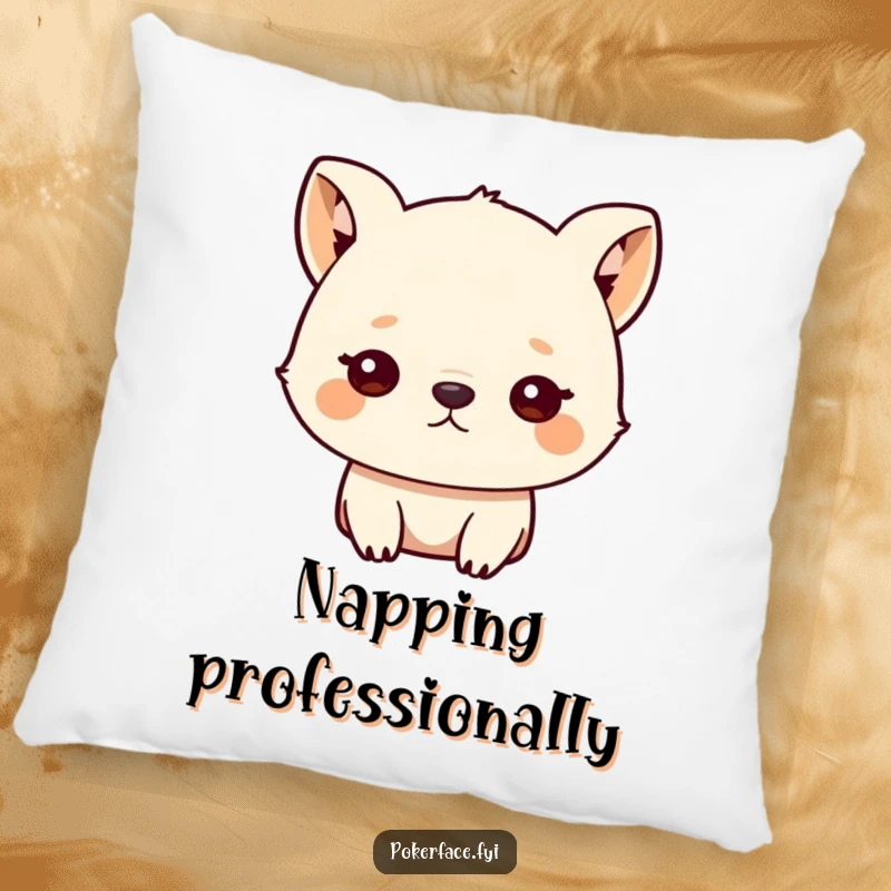 Funny pillow with a small animal character's unblinking, blank stare, offering cozy comfort and humorous, deadpan charm.