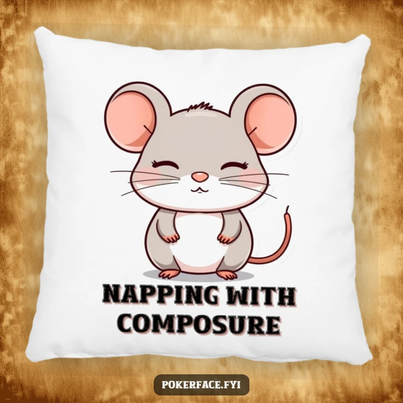 Funny Pillow: A soft pillow showcasing a composed mouse with a perfectly still, emotionless face, ideal for adding calm and humor to relaxation.