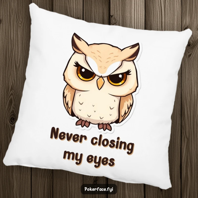 Funny owl pillow featuring a serious owl character with unwavering focus, providing comfort and a touch of wise humor.
