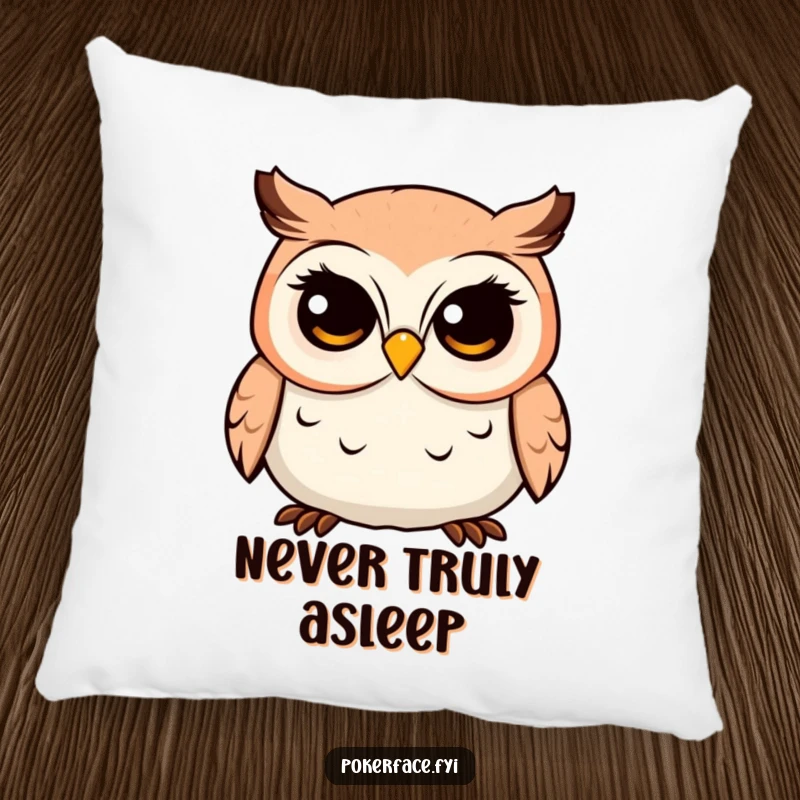Funny Owl Pillow adorned with a placid character with a fixed, unwavering gaze, providing a soft and humorous decorative accent.