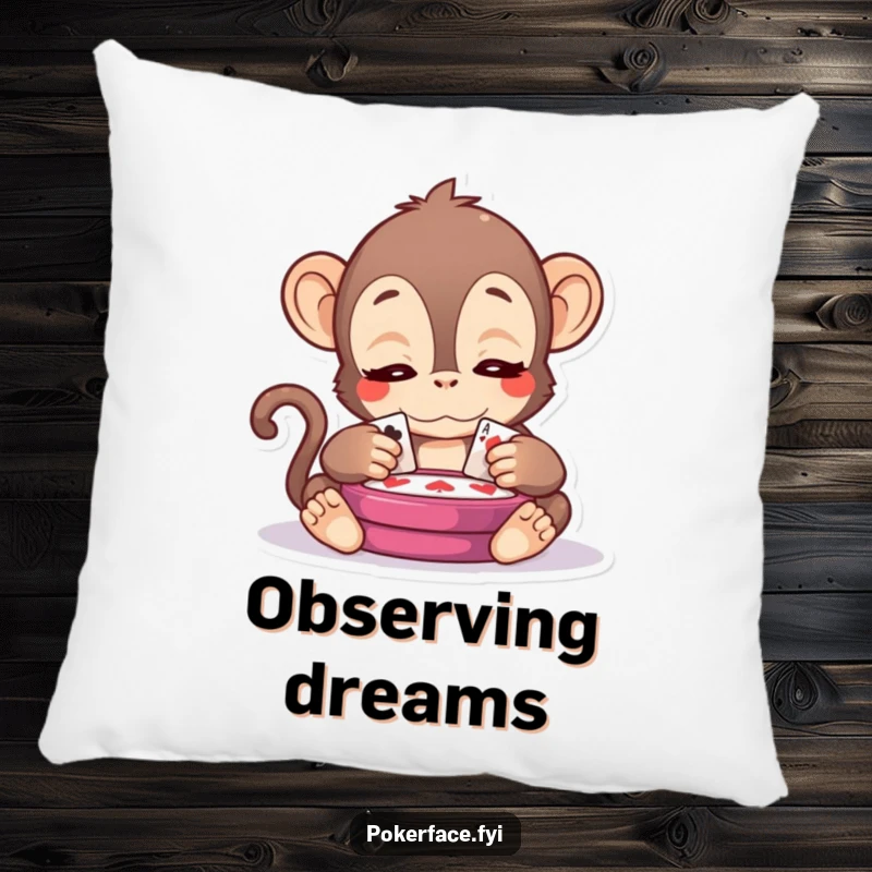 Funny Kawaii Monkey Pillow: A soft pillow featuring a kawaii monkey with serene eyes observing a card game, offering comfort and quiet wisdom.