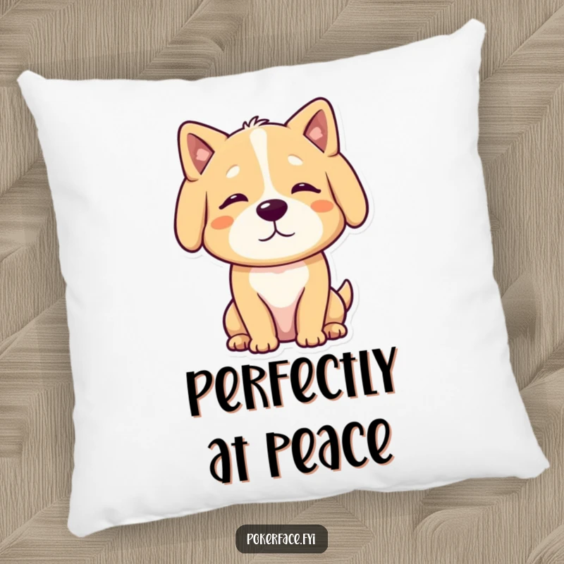 Funny Pillow featuring a calm dog character with a neutral, unmoving posture, offering cozy, humorous tranquility.