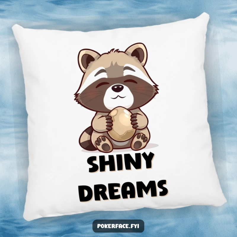 Funny Pillow featuring a happy raccoon holding a shiny pebble, offering comfort and collecting-themed humor.