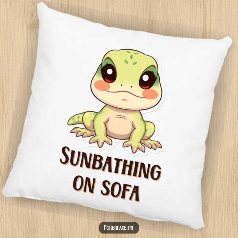 Funny lizard pillow featuring a calm lizard character perfectly still with eyes forward, providing humorous comfort.
