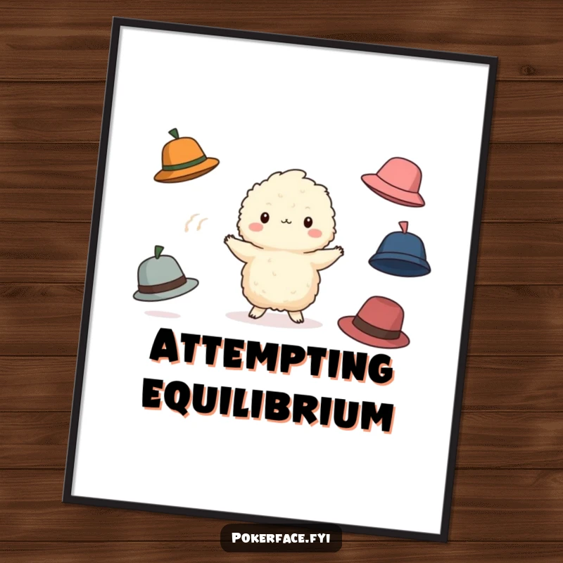 Funny Juggling Creature Digital Art Print: Fluffy character blankly juggling hats, bringing humorous charm to any screen.