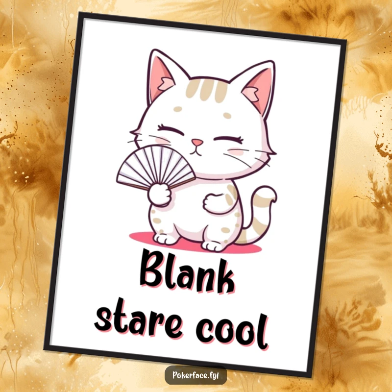 Funny digital art of a cat with a blank expression holding a fan, embodying meme culture and deadpan humor.