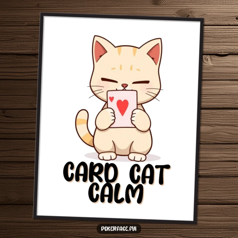 Funny digital art print of a calm cat character holding a single playing card with a completely unexpressive face, embodying serene mystery.