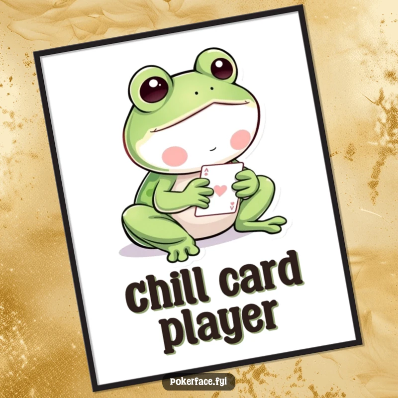 Funny Frog Digital Art Print: Still frog character playing cards, conveying serene focus and humor.