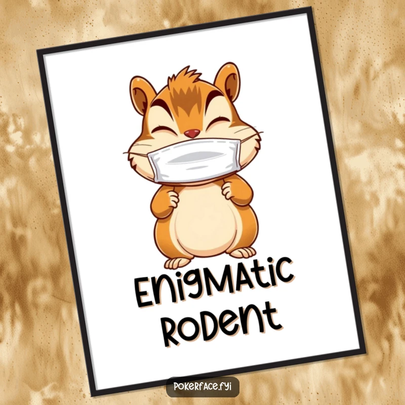 Funny digital art print of a giggling chipmunk character with still paws, wearing a blank mask, offering instant mysterious decor.