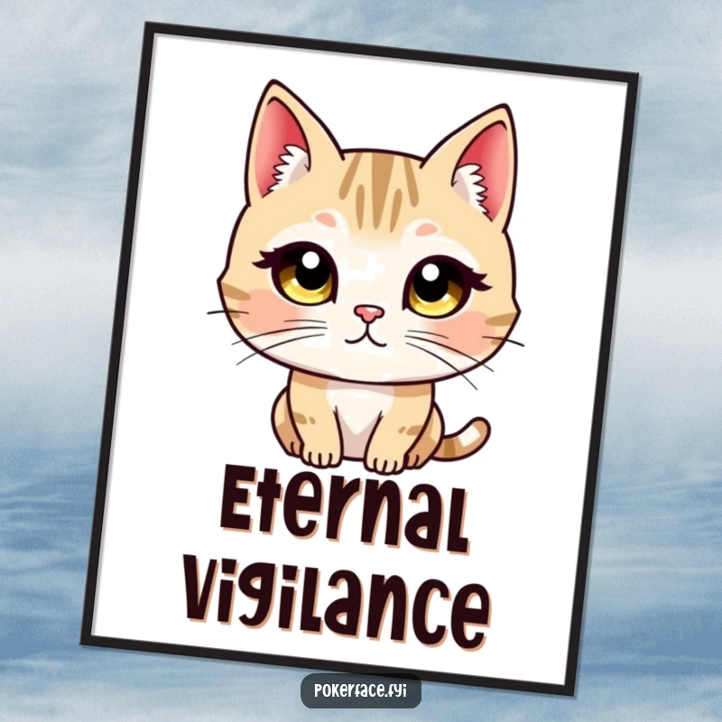 Funny digital art print of a cat character with wide, unblinking eyes maintaining a direct, unwavering, and intense stare.