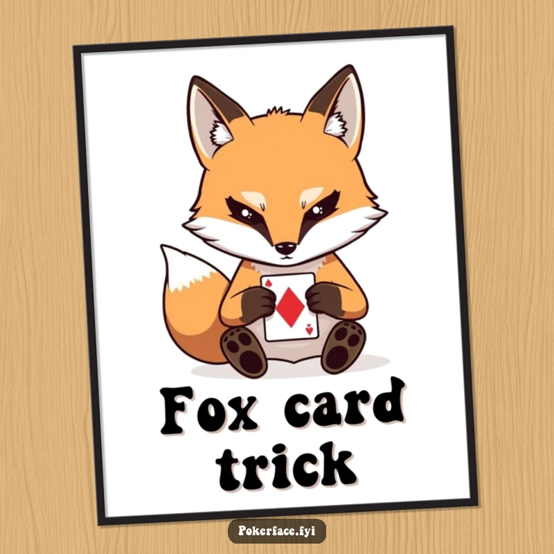 Funny digital art print of a stoic fox character with a blank stare, playing a card, embodying enigmatic calm and focus.