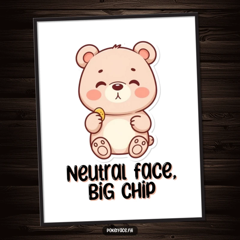 Funny digital art of a delighted bear with a neutral face holding a tiny chip, conveying quiet contentment and simple joy.