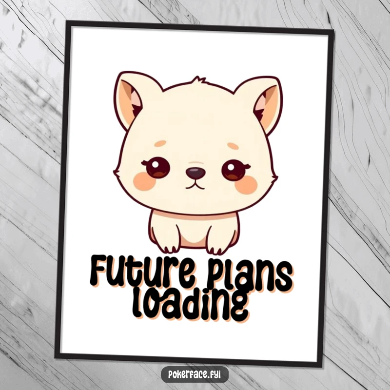 Funny digital art print of a small animal character with a blank, unblinking stare, creating humorous, unemotional wall decor.