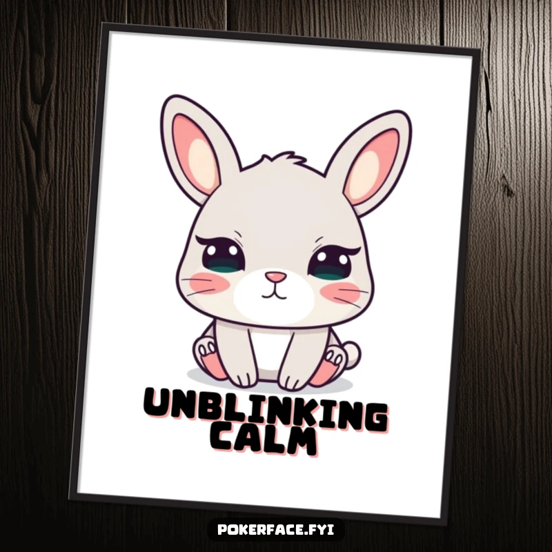 Funny digital art of a calm rabbit with unblinking eyes, bringing quiet humor and captivating serenity to any digital space.