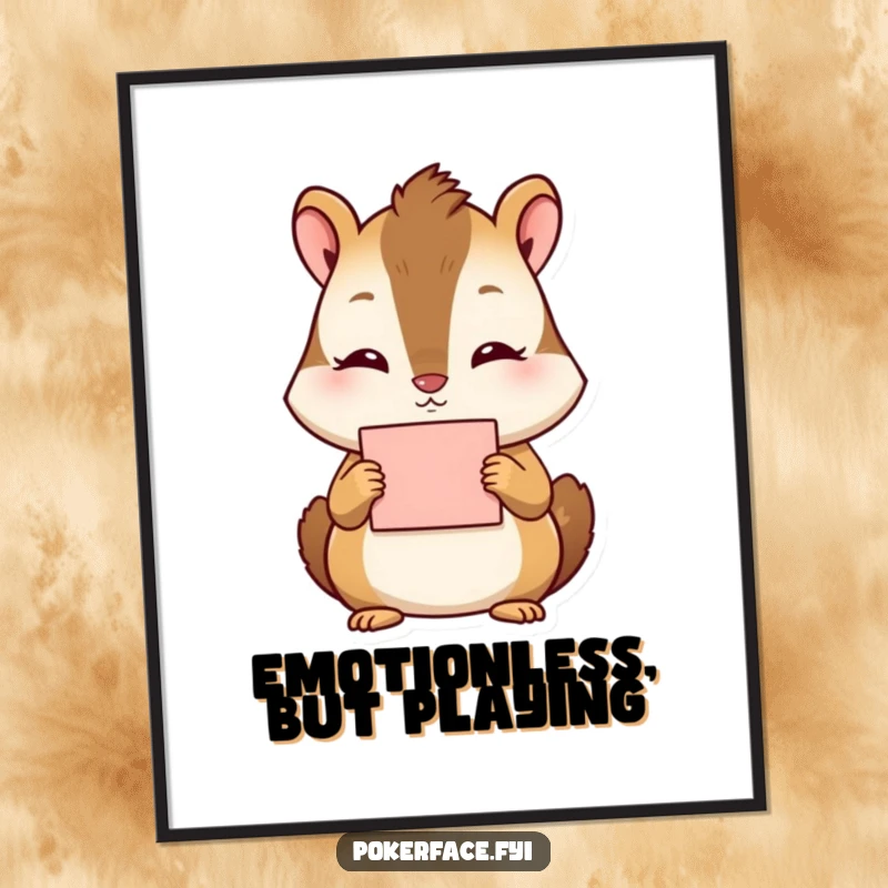 Funny Chipmunk Digital Art Print: Tranquil chipmunk character with no discernible emotion holding a card, conveying calm.