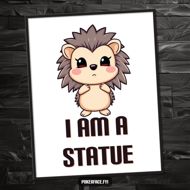 Funny digital art print of an emotionless hedgehog with a straight flush, embodying absolute poker control and skill.