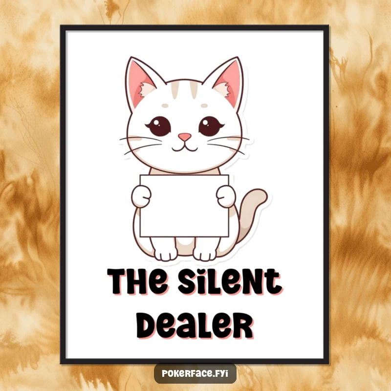 Funny Kawaii Cat Digital Art Print: A kawaii cat with a neutral face offering a card, providing an instant, humorous, and intriguing piece of art.