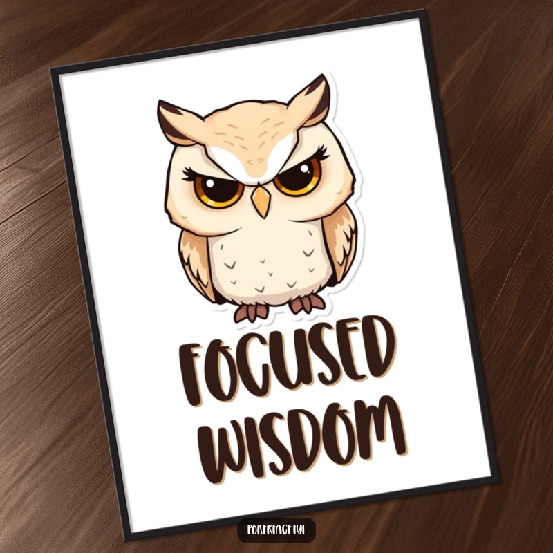 Funny owl digital art print of a serious owl character with unwavering focus, perfect for humorous and wise wall decor.