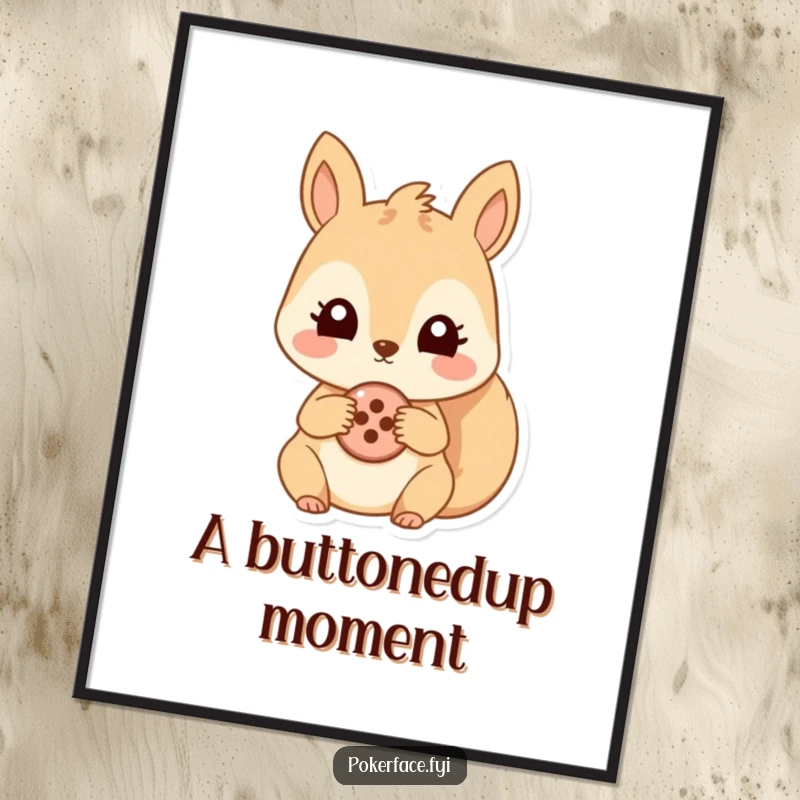 Funny digital art print of a squirrel with wide, unchanging eyes holding a single button. High-resolution humorous illustration.