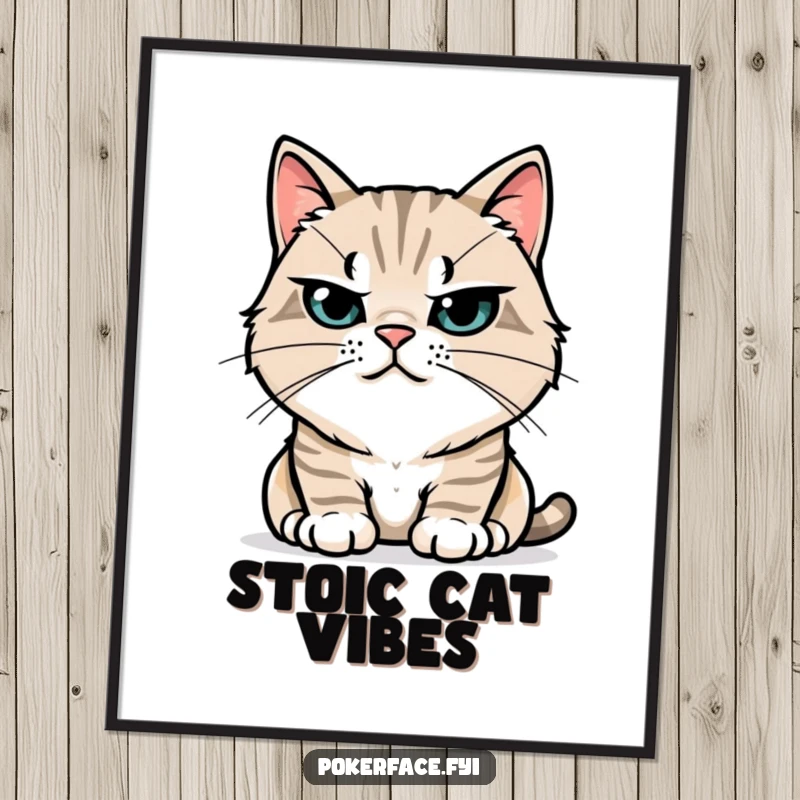 Funny Digital Art Print: Stoic cat character with perfectly still whiskers, perfect for adding humorous feline calm and dignified art to any room.