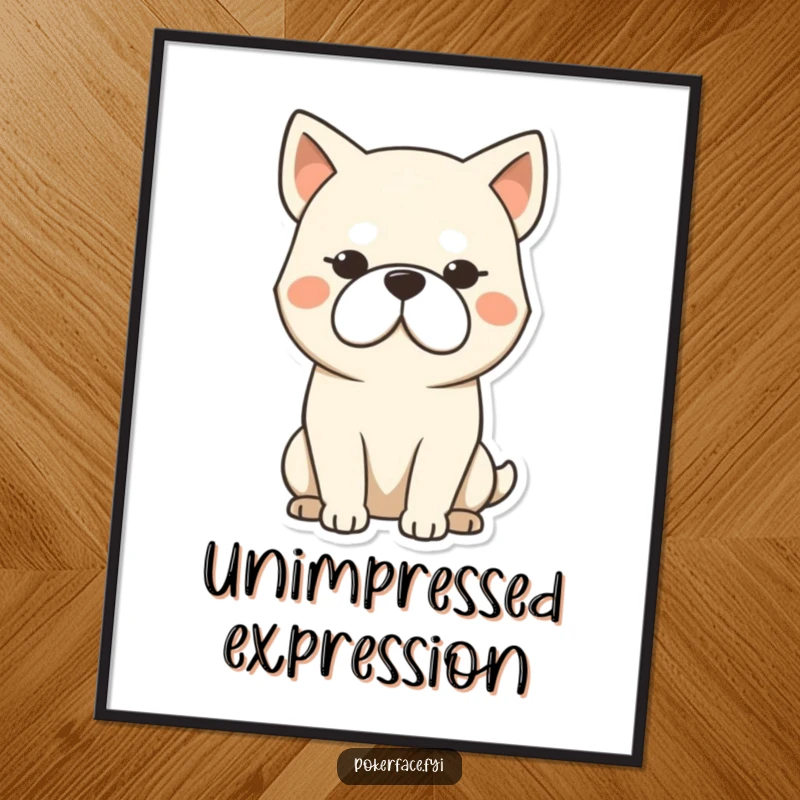 Funny dog digital art print of a stoic dog character with a blank, unmoving expression, perfect for humorous wall decor.