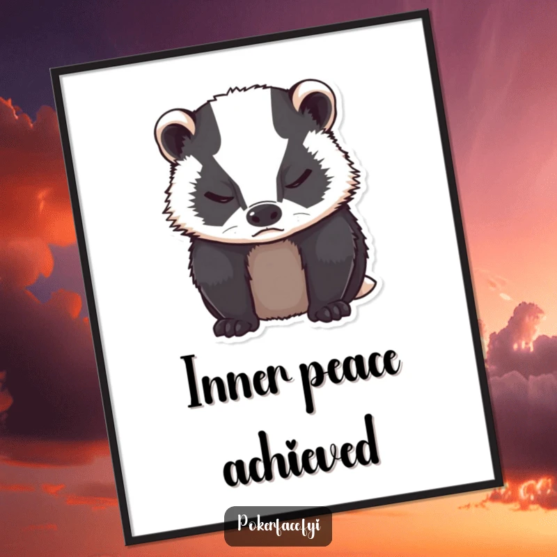 Funny grumpy badger with neutral expression, closed eyes as a digital art print.