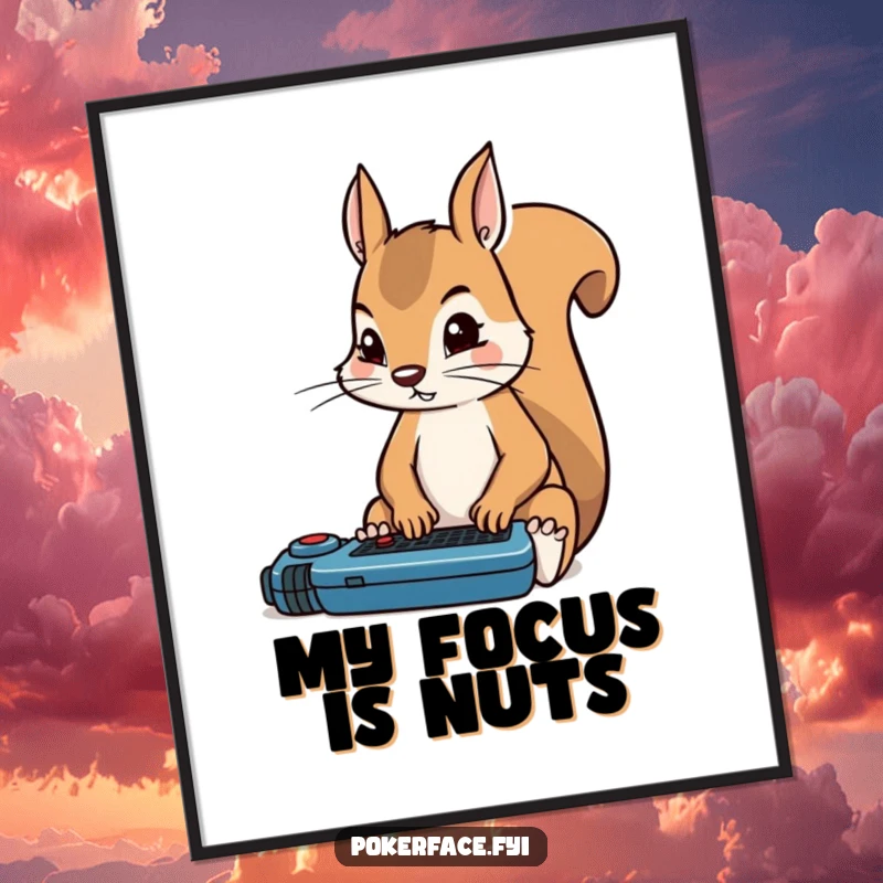 Funny digital art print of a squirrel sitting rigidly focused on a poker game, embodying intense concentration and strategy.
