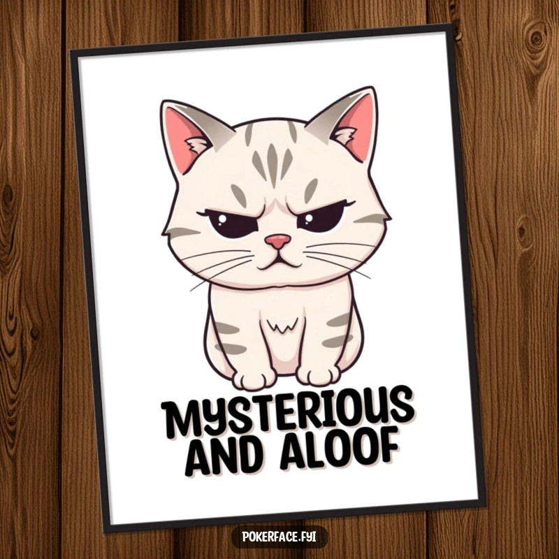 Funny Digital Art Print of a stoic cat character with a perfectly unreadable expression, offering instant humorous mystery.