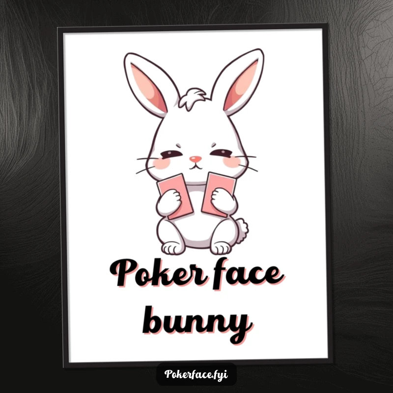Funny Digital Art Print: Emotionless rabbit character holding playing cards, perfect for adding humorous poker face and strategic art to any room.