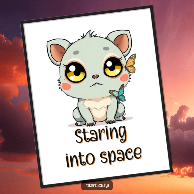 Funny Staring Creature Digital Art Print: Creature with large unblinking eyes watching a butterfly, bringing humorous calm observation to any screen.