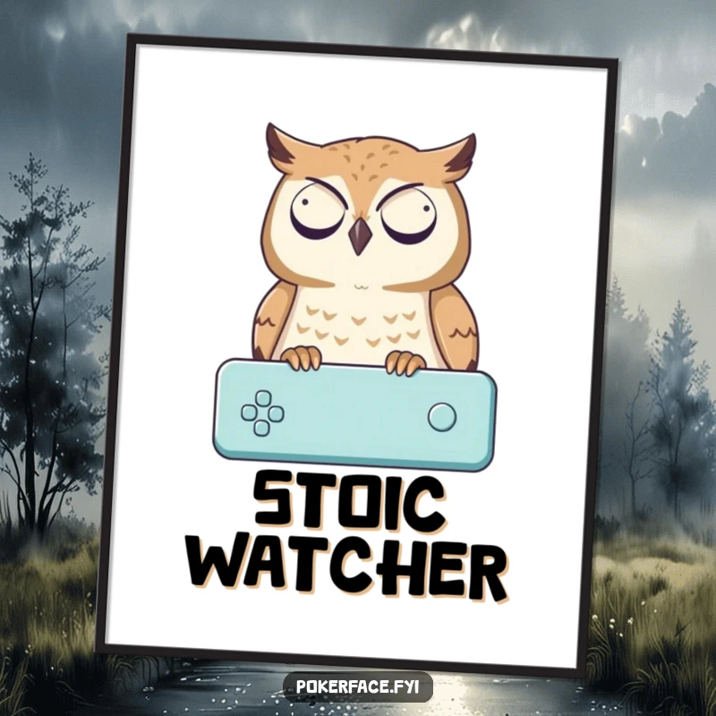 Funny Digital Art: An owl character with a blank face observing a game, a downloadable and funny gift.