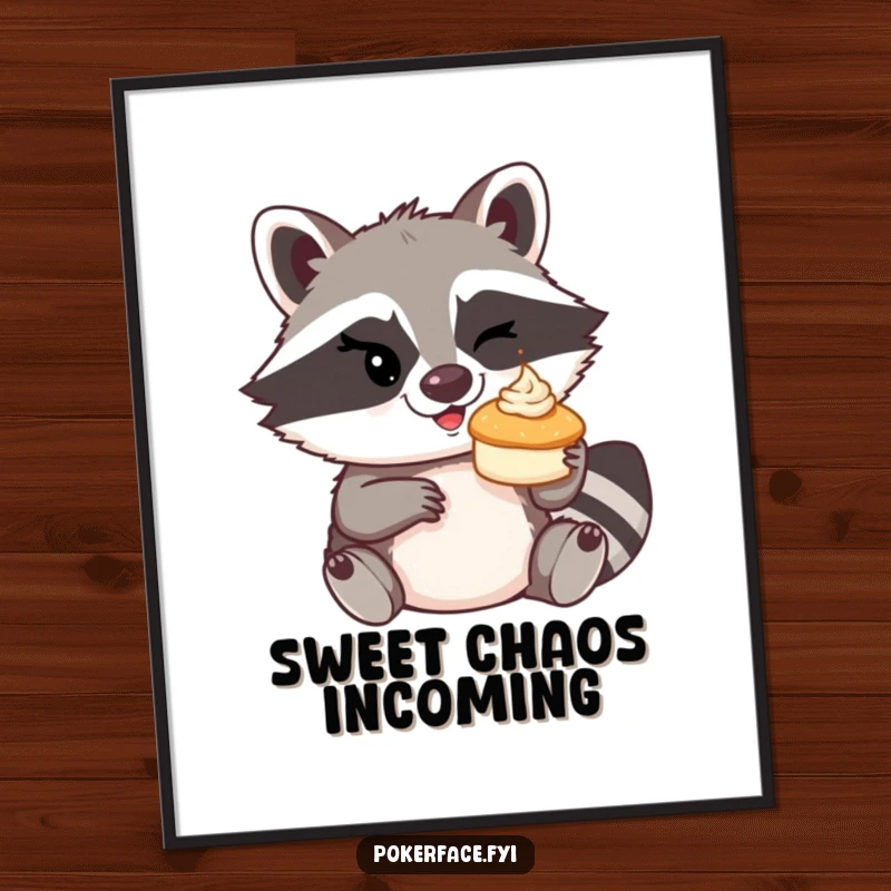 Funny mischievous raccoon winking, about to toss a tiny cream pie as a digital art print.