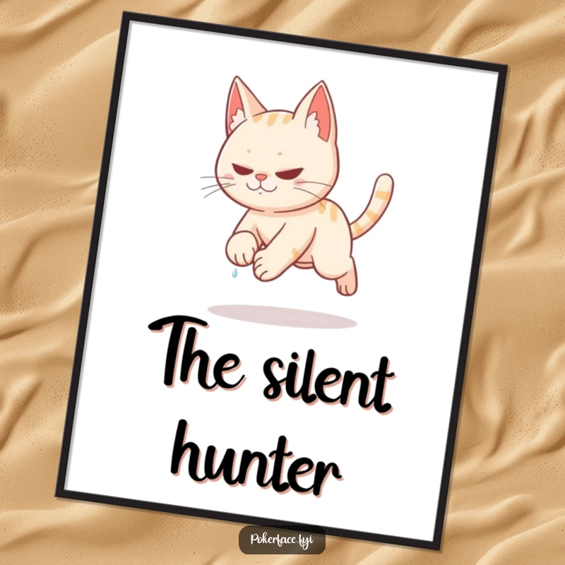 Funny stealthy cat tiptoeing slowly with sweat on brow as a digital art print.