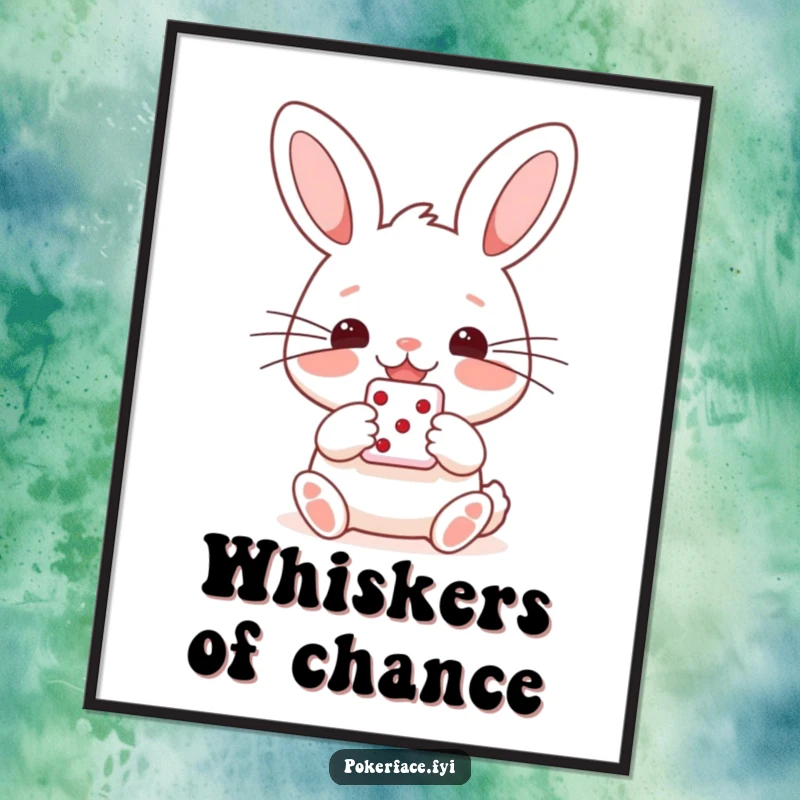 Funny digital art print of a happy rabbit character with straight whiskers, holding a single die, offering instant cheerful decor.