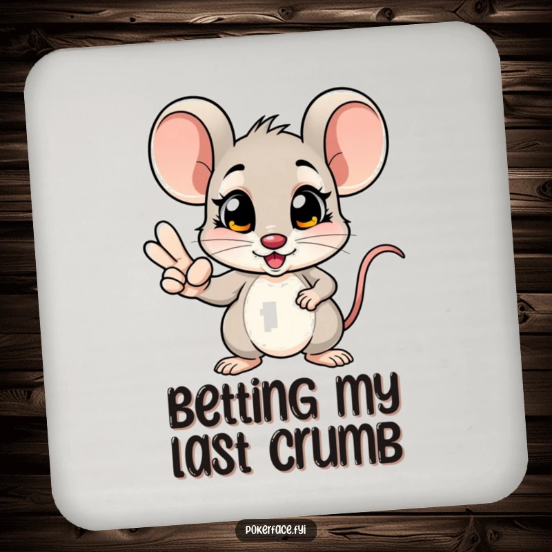 Funny mouse drink coaster showing a poker ace mouse with a winning hand and unblinking eyes, ready to guard your drinks.