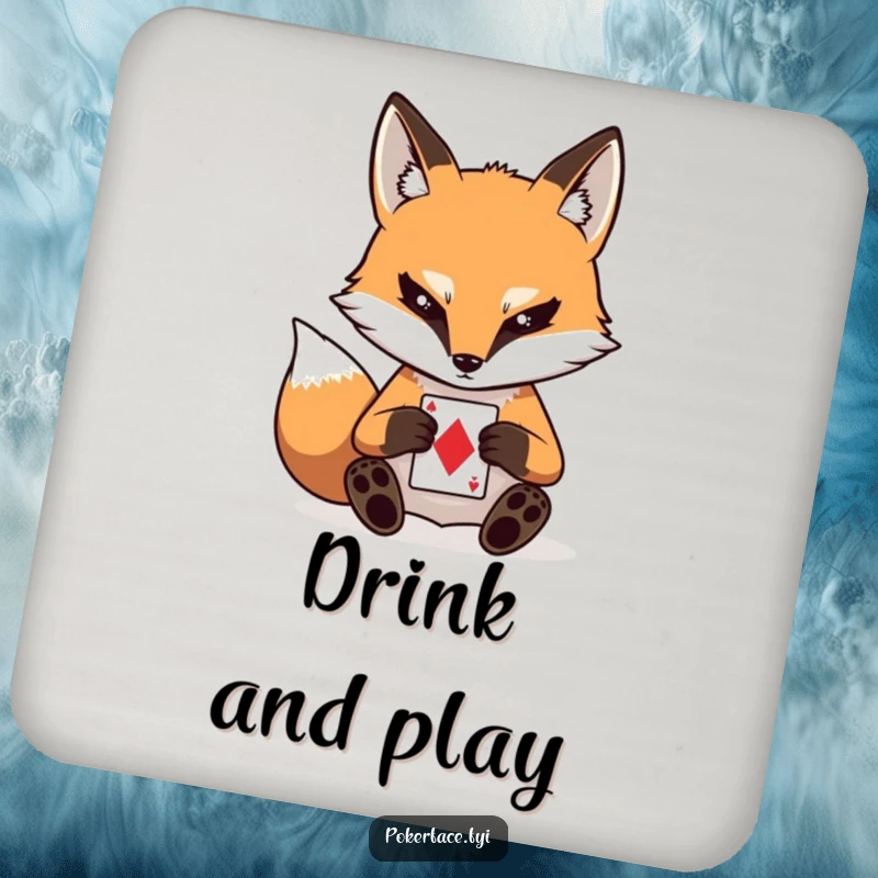 Funny drink coaster featuring a stoic fox character with a blank stare, playing a card, adding poker-faced humor and surface protection.