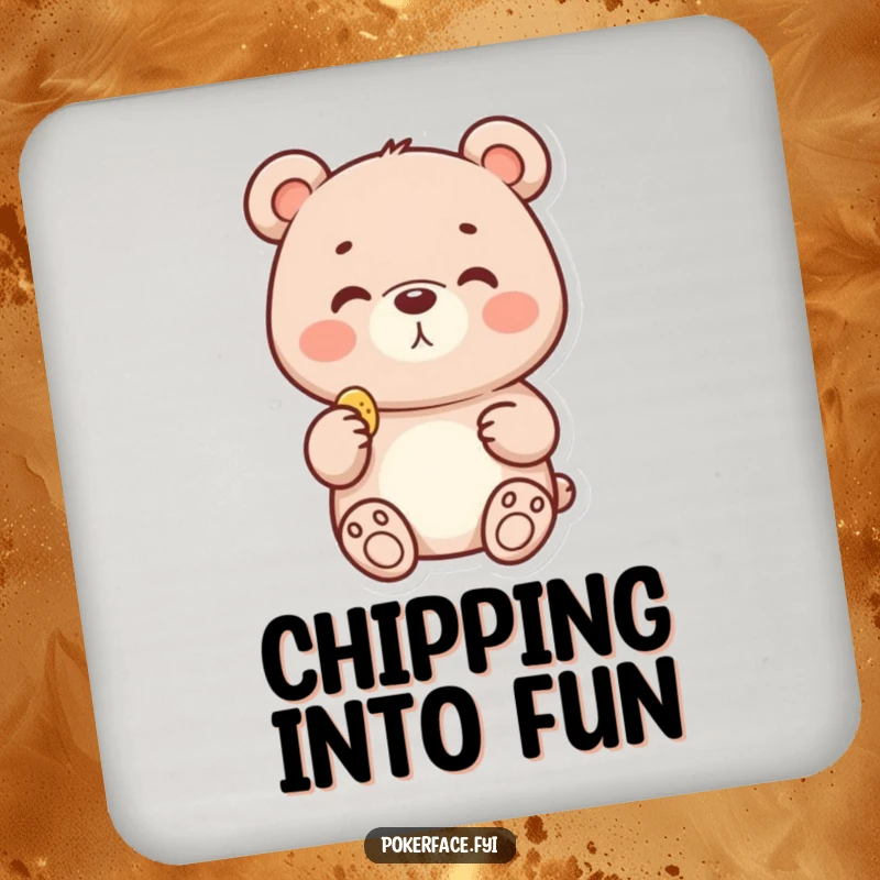 Funny drink coaster featuring a delighted bear with a neutral face holding a tiny chip, adding understated joy.