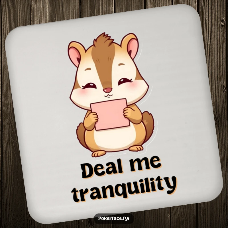 Funny Chipmunk Coasters: Set of 4, featuring a tranquil chipmunk with no discernible emotion holding a card.
