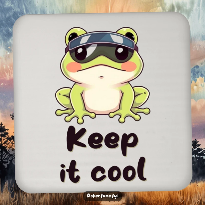 Funny Frog Visor Coaster depicting a frog with a visor and a still face, a humorous surface protector.