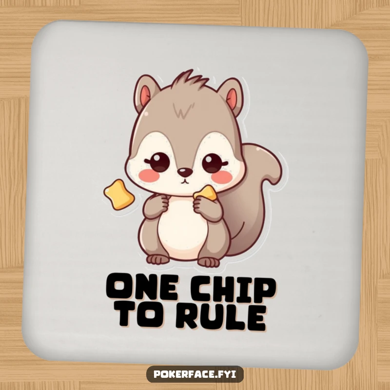 Funny Coaster: Kawaii squirrel with a blank stare, clutching a single chip, a humorous and practical accessory.