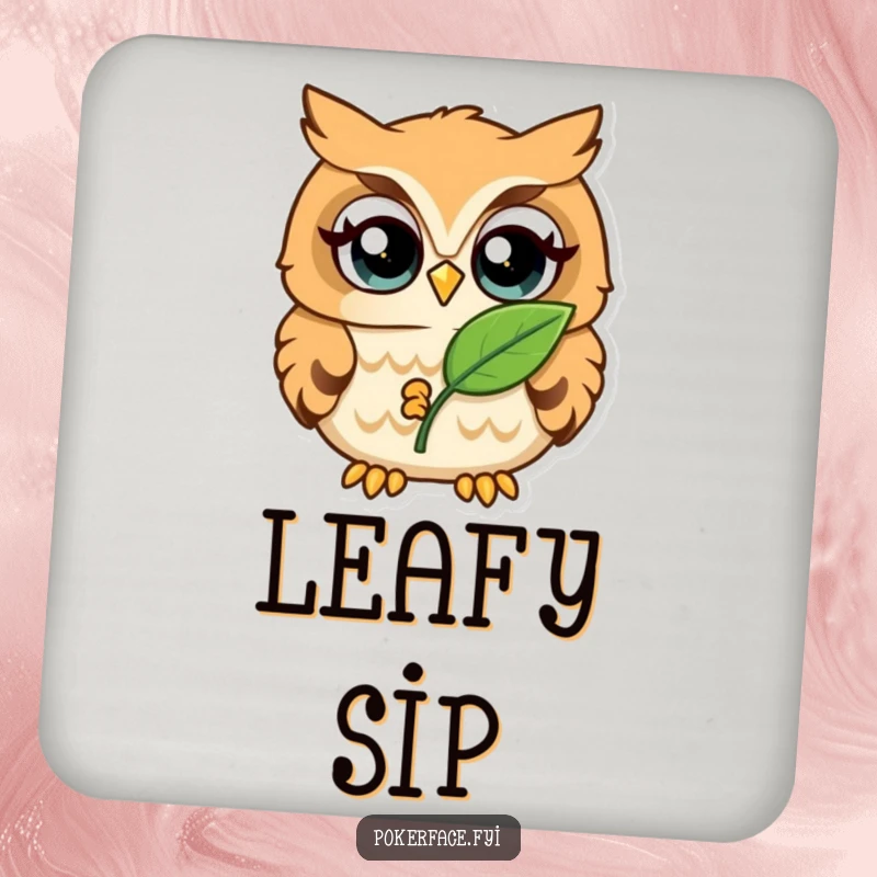 Funny Drink Coaster featuring a wide-eyed owl holding a single leaf, adding nature-themed humor to tabletops.