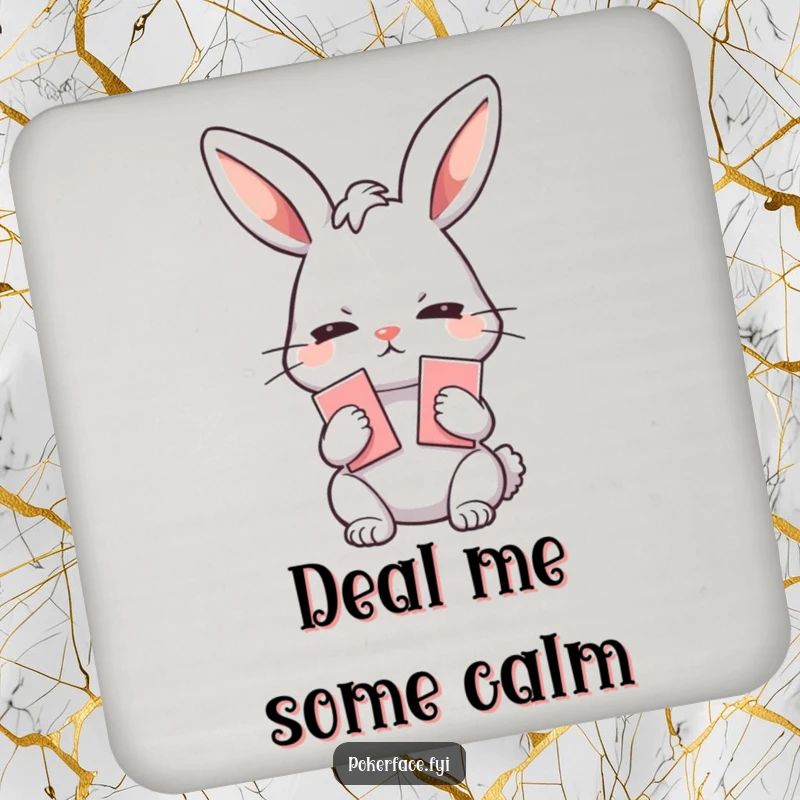 Funny Coaster: Emotionless rabbit character holding playing cards, protecting tables with a humorous poker face and stealthy charm.